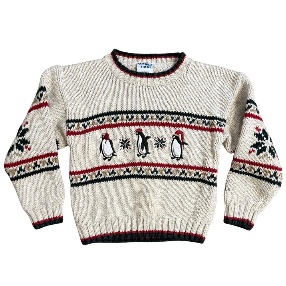 VTG Oshkosh Christmas Sweater Penguins Fair Isle Ramie Embroidered Cream Kids 4T
